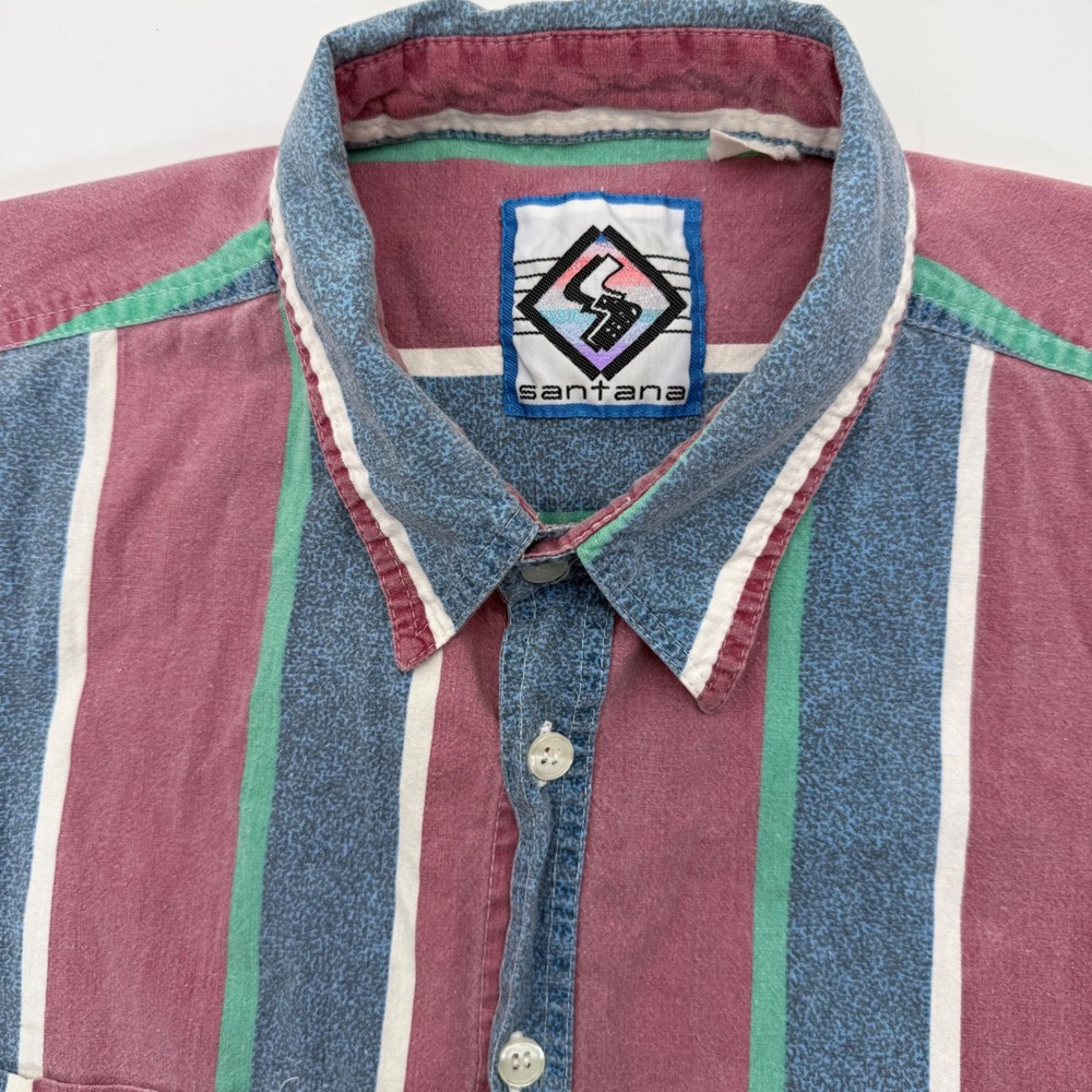 Santana Button Down Shirt Mens XL Multicolor Vertical Stripe Vintage Retro 90s